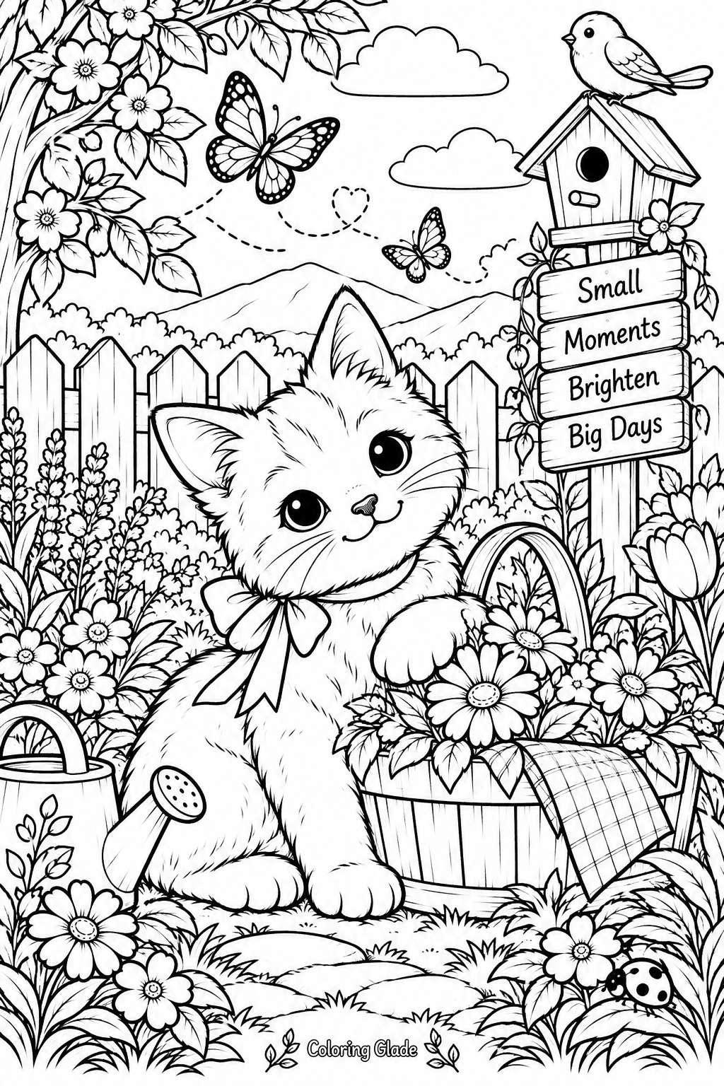 Free printable kitten with a flower bow coloring page – black and white line art for kids