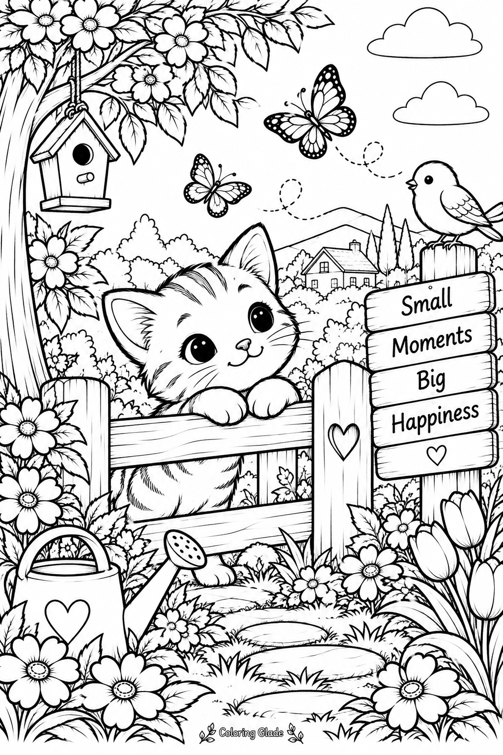 Free printable kitten peeking over the fence coloring page – black and white line art for kids