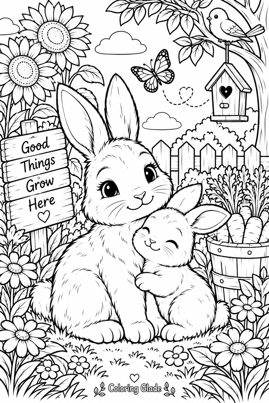 Free printable mama and baby bunny coloring page – black and white line art for kids