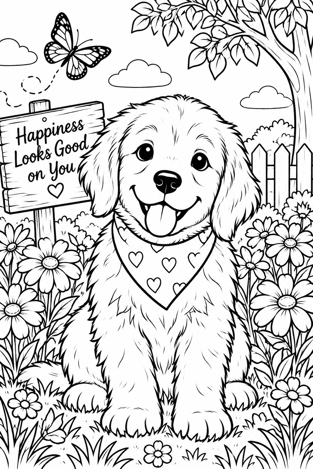 Free printable puppy with a heart bandana coloring page – black and white line art for kids