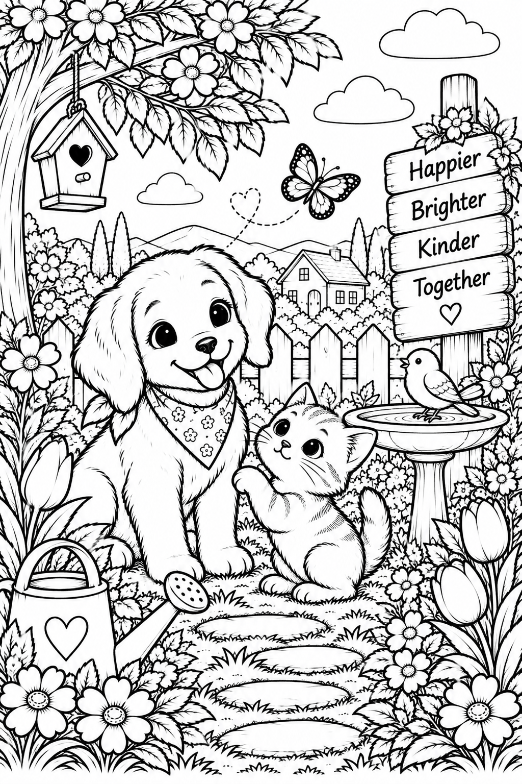 Free printable puppy and kitten at the birdbath coloring page – black and white line art for kids