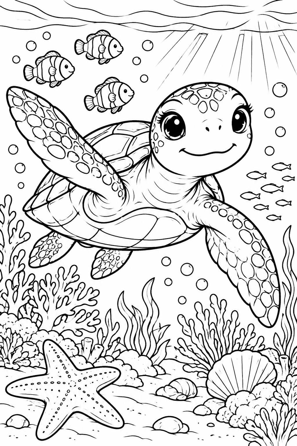 Free printable sea turtle reef adventure coloring page – black and white line art for kids