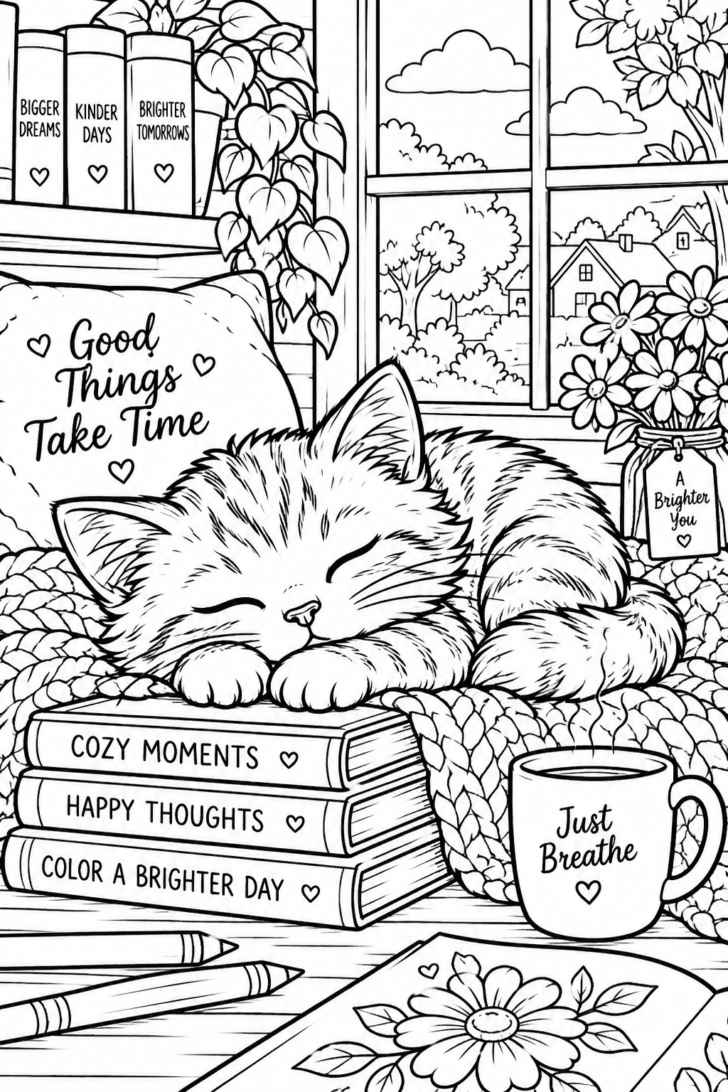 Free printable sleepy kitten's reading nook coloring page – black and white line art for kids