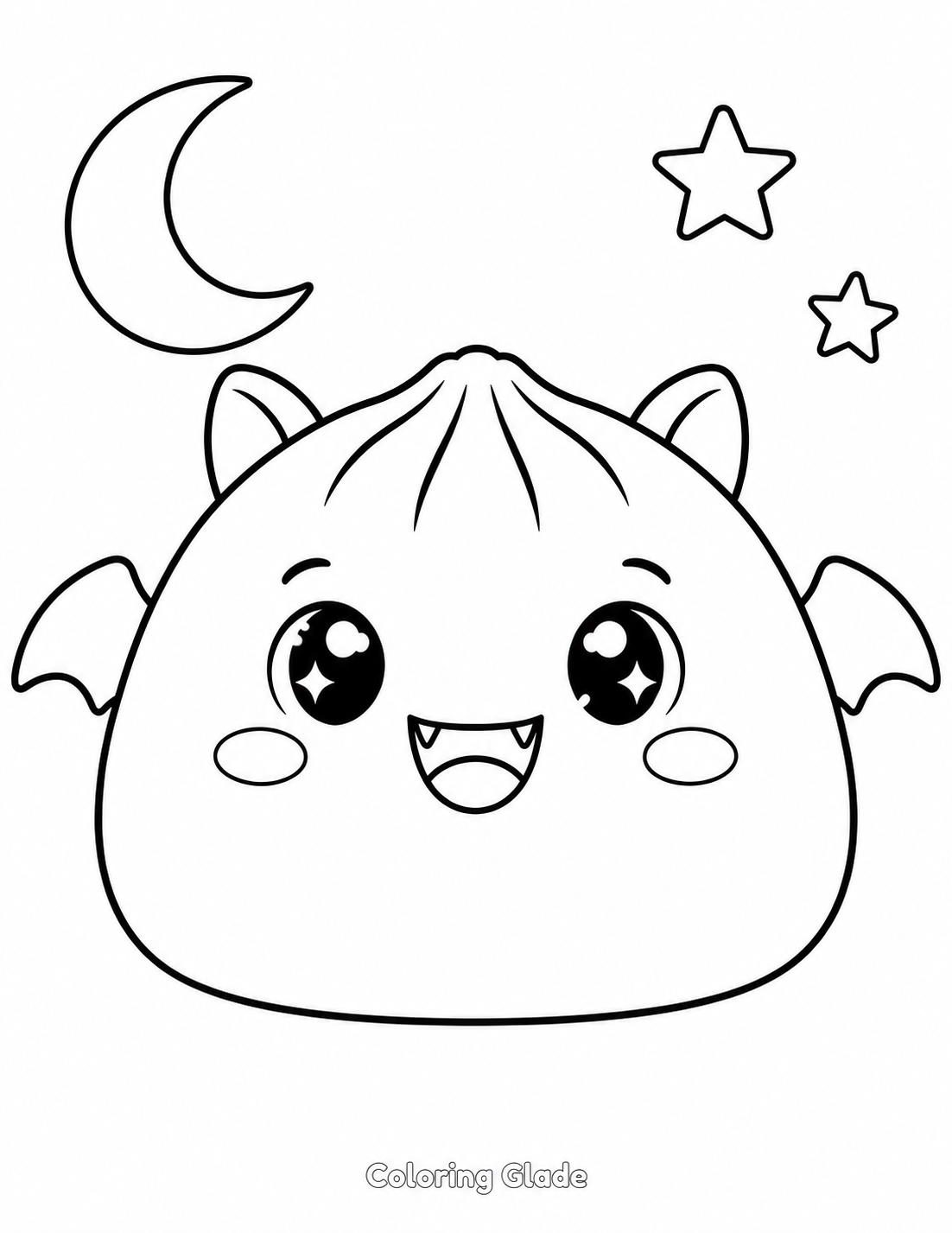 Bao-style Squishy Dumpling bat with two short rounded wings, tiny ears, crescent moon, and stars