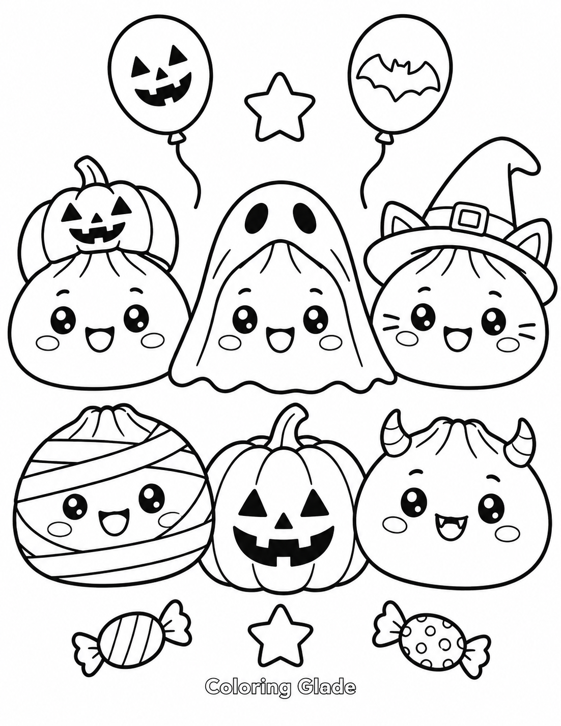 Five bao-style Squishy Dumpling characters in Halloween costumes with balloons, pumpkin, candy, and stars