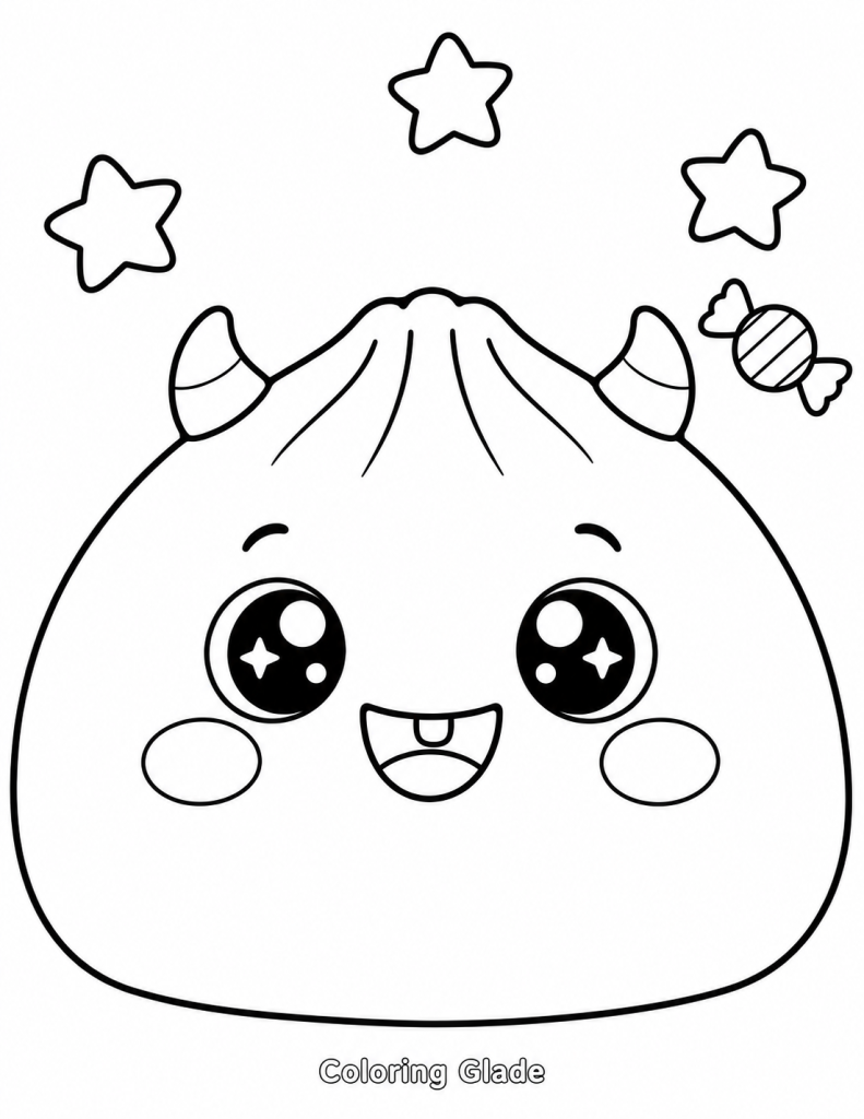 Original bao-style Squishy Dumpling monster with two tiny horns, one friendly tooth, stars, and candy