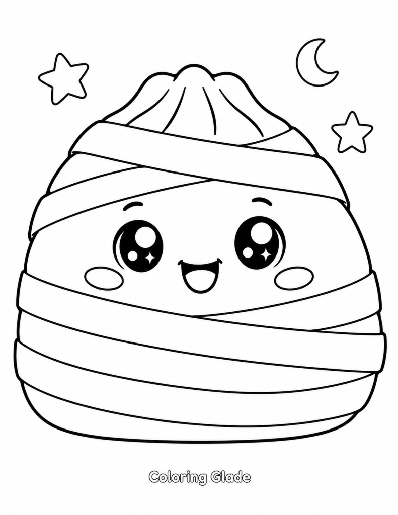 Bao-style Squishy Dumpling mummy wrapped in broad bandages with a happy face, moon, and stars
