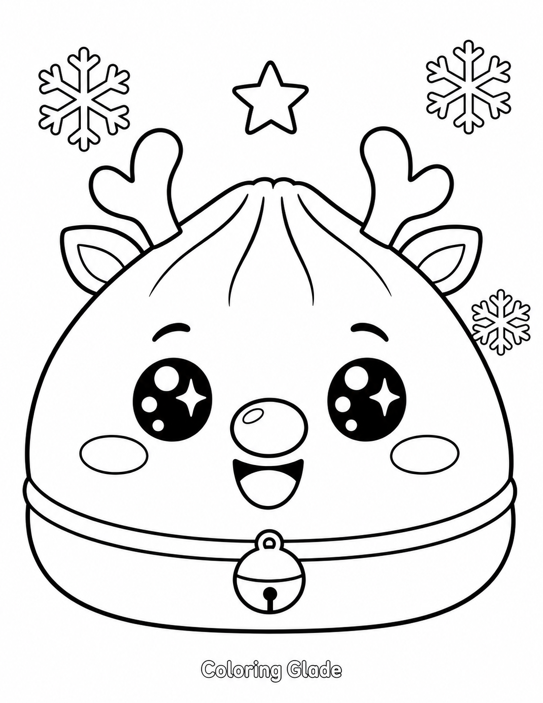 Bao-style Squishy Dumpling reindeer with small antlers, tiny ears, round nose, bell collar, snowflakes, and star