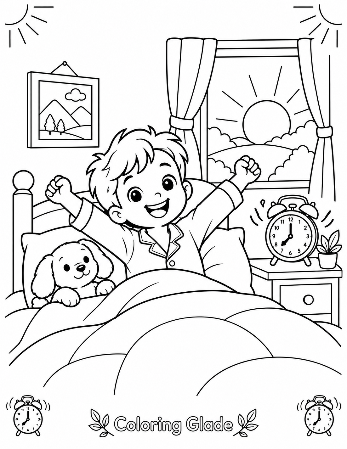 Free printable Waking Up on Time coloring page for kids