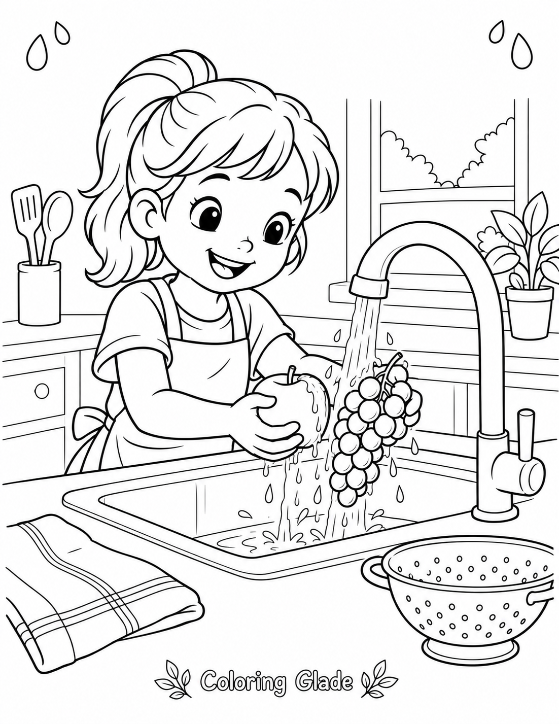 Free printable Washing Fruit coloring page for kids